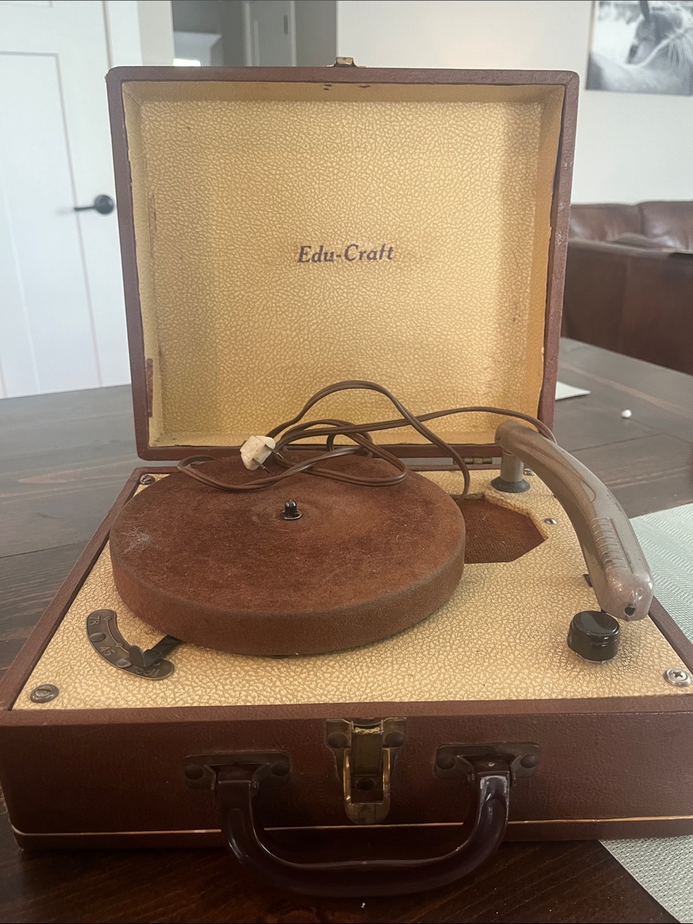 Edu-Craft Portable Suitcase-Style Record Player in Brown and Cream